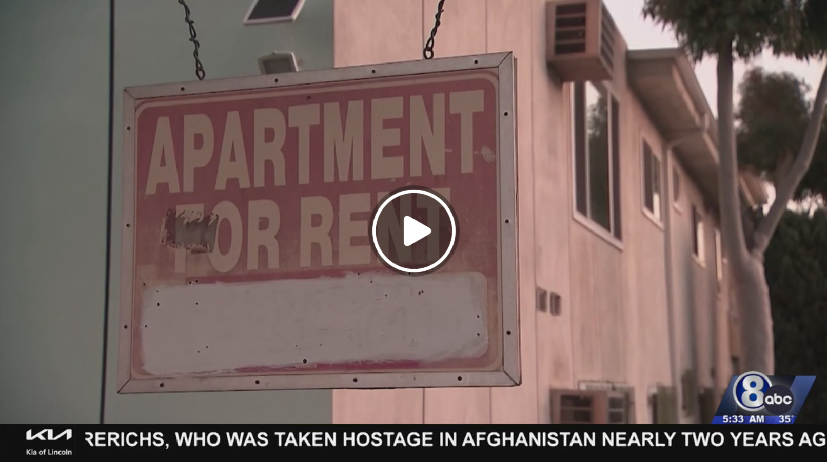 Screenshot of news story shows an Apartment for Rent sign