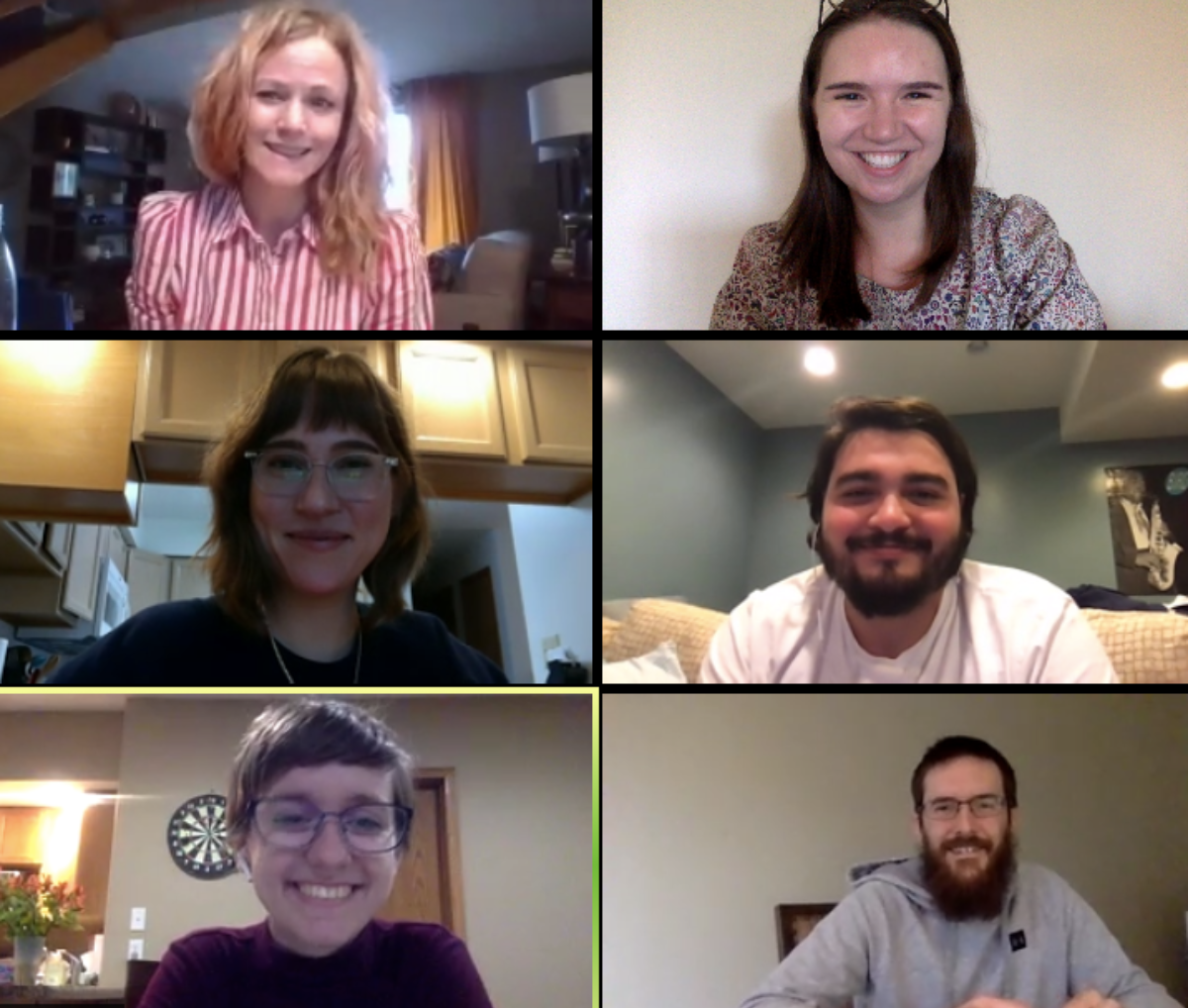 A screenshot from a Zoom call shows six rectangular boxes in a 2x3 grid pattern where each of the six law clerks are pictured from the chest up. They are smiling at the camera.