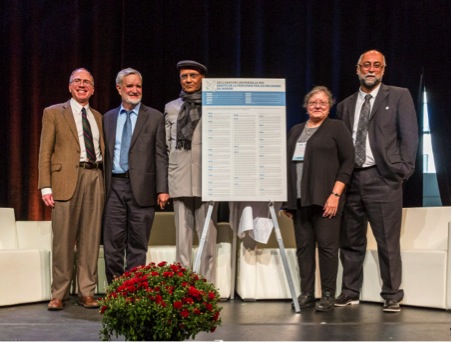 Professor Brian Lepard, Dr. Daniel Cere, Dr. Arvind Sharma, Dr. Vivian-Lee Nyitray, and Dr. Amir Hussain, principal drafters of the Universal Declaration of Human Rights by the World’s Religions