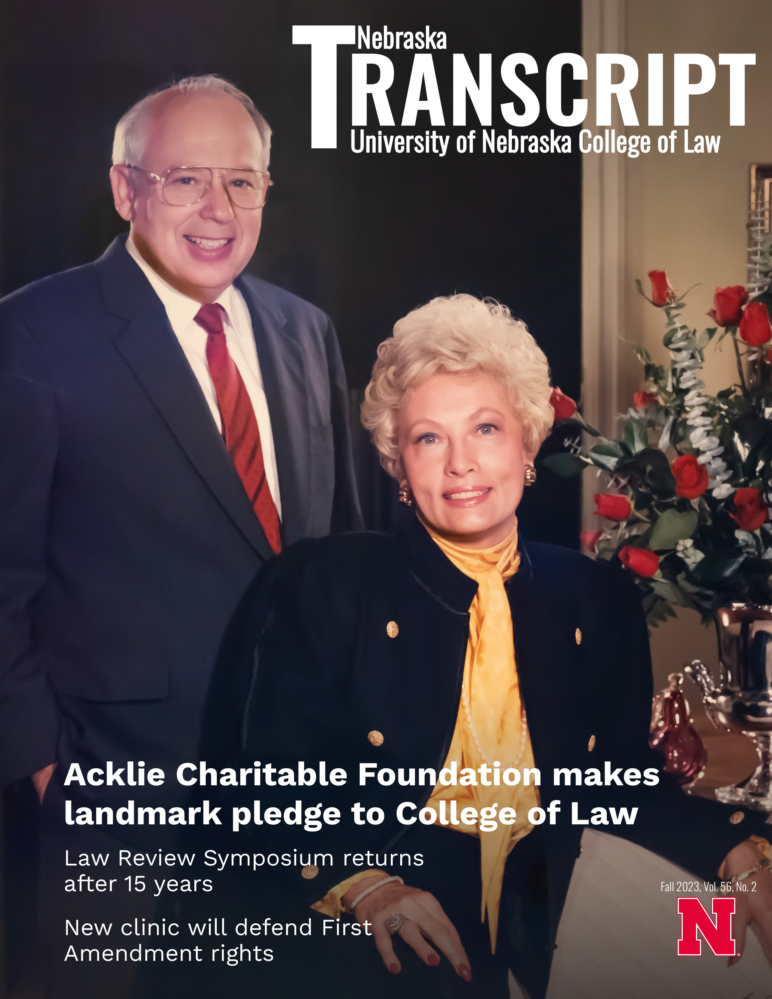 Cover of the fall 2023 Transcript magazine featuring Duane and Phylis Acklie