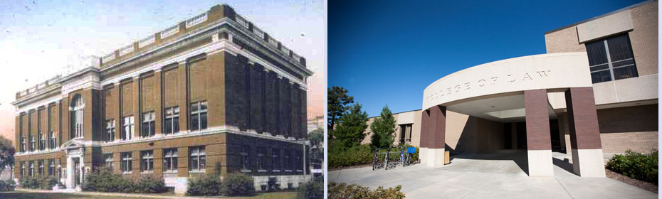Side by side comparison of the old College of Law building and the newly renovated one