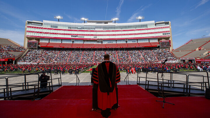 Chancellor Ronnie Green welcomes graduates and guests to the first of two undergraduate commencement ceremonies on May 8 in Memorial Stadium. [Craig Chandler | University Communication] 