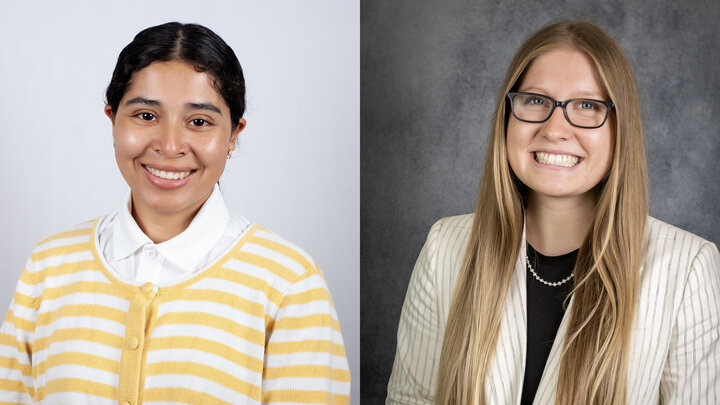 Two individuals side by side; left wearing a yellow striped sweater, right in a white blazer with long hair.andez-Corado and Johnson headshots