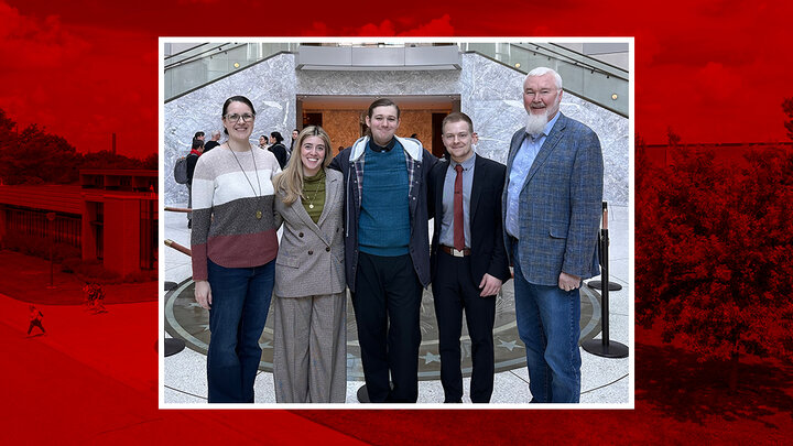 Megan Kielty, Heather Haratsis, Zach Baker, Elliott Lund and Steve Schmidt standing