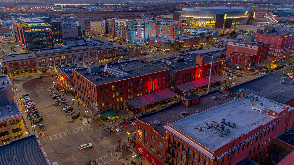Aerial view of Lincoln's Haymarket downtown area and Pinnacle bank