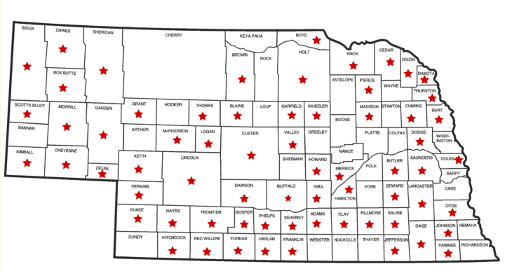 Map of Nebraska with red stars in the counties where CJAE Fellows practice