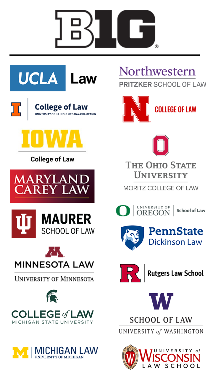 Big Ten law school logos: UCLA, Illinois, Iowa, Maryland, Indiana, Minnesota, Michigan, Michigan State, Northwestern, Nebraska, Ohio State, Oregon, Penn State, Rutgers, Washington, Wisconsin