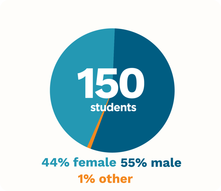 Pie Chart showing a class size of 150 students with 44% female, 55% male, and 1% other