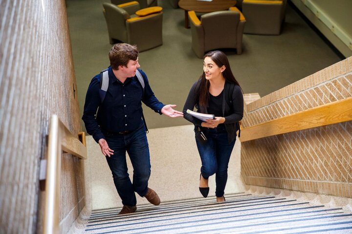 Students talking while walking up the stairs