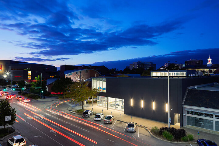 Long exposure street view of Johnny Carson Center