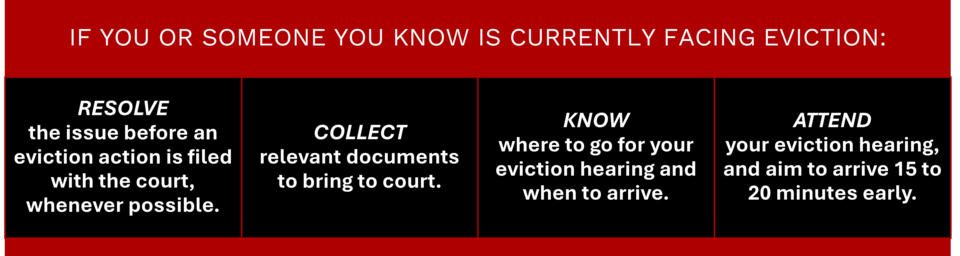 If you or someone you know is currently facing eviction: Resolve the issue before an eviction action is filed with the court, whenever possible; collect relevant documents to bring to court; know where to go for your eviction hearing and when to arrive; and attend your eviction hearing, and aim to arrive 15 to 20 minutes early.